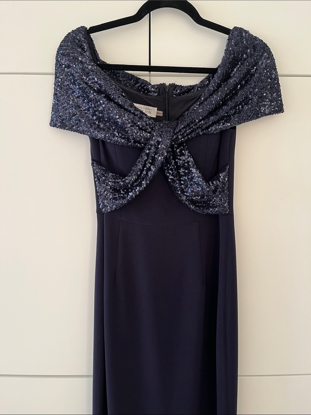 Rickie Freeman for Teri Jon Navy Off-Shoulder Sequin Maxi Dress